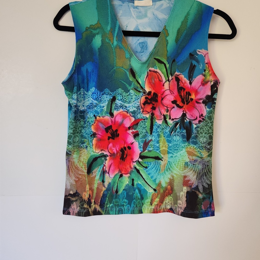 "Colorful Floral Sleeveless Bodycon Dress Abstract Print M Approx 17"" Pit to Pi